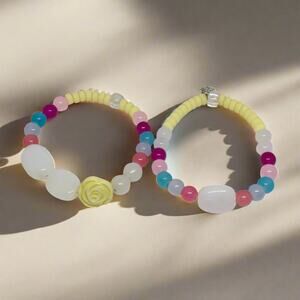 Boho Chic Glass Clay Beads Stretch Bracelet Set Pastel Colors Handmade Eclectic